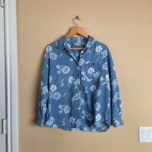 Liz Claiborne Denim Chambray Button Down Shirt With Roses Kitschy Cottage Granny